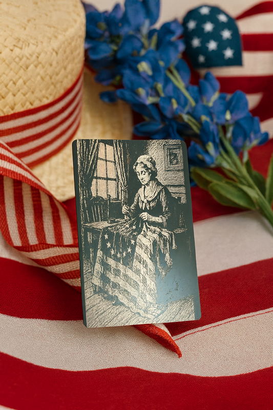 laser engraved illustration of Betsy ross sewing first american flag