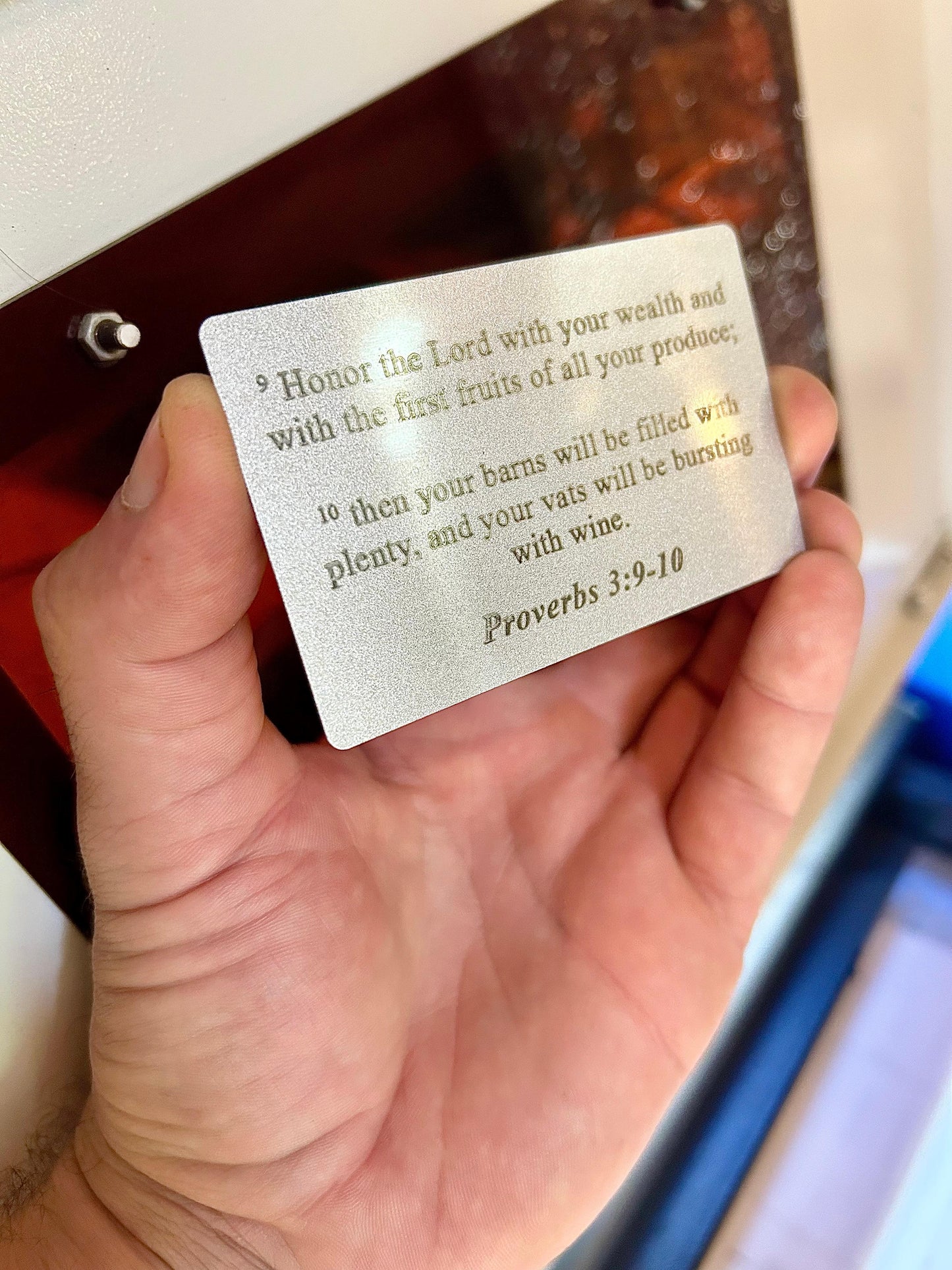 Anodized aluminum bible verse personalized with Proverbs 3:9-10 inscription, prayer card in silver/silver