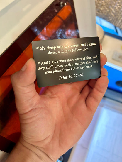 Metal bible verse card with John 10:27-28 laser engraved text in black/sivler anodized aluminum