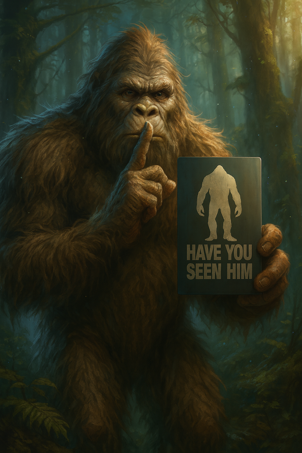 Illustration of a bigfoot-like creature holding a sign with 'Have You Seen Him?' text in a forest setting.