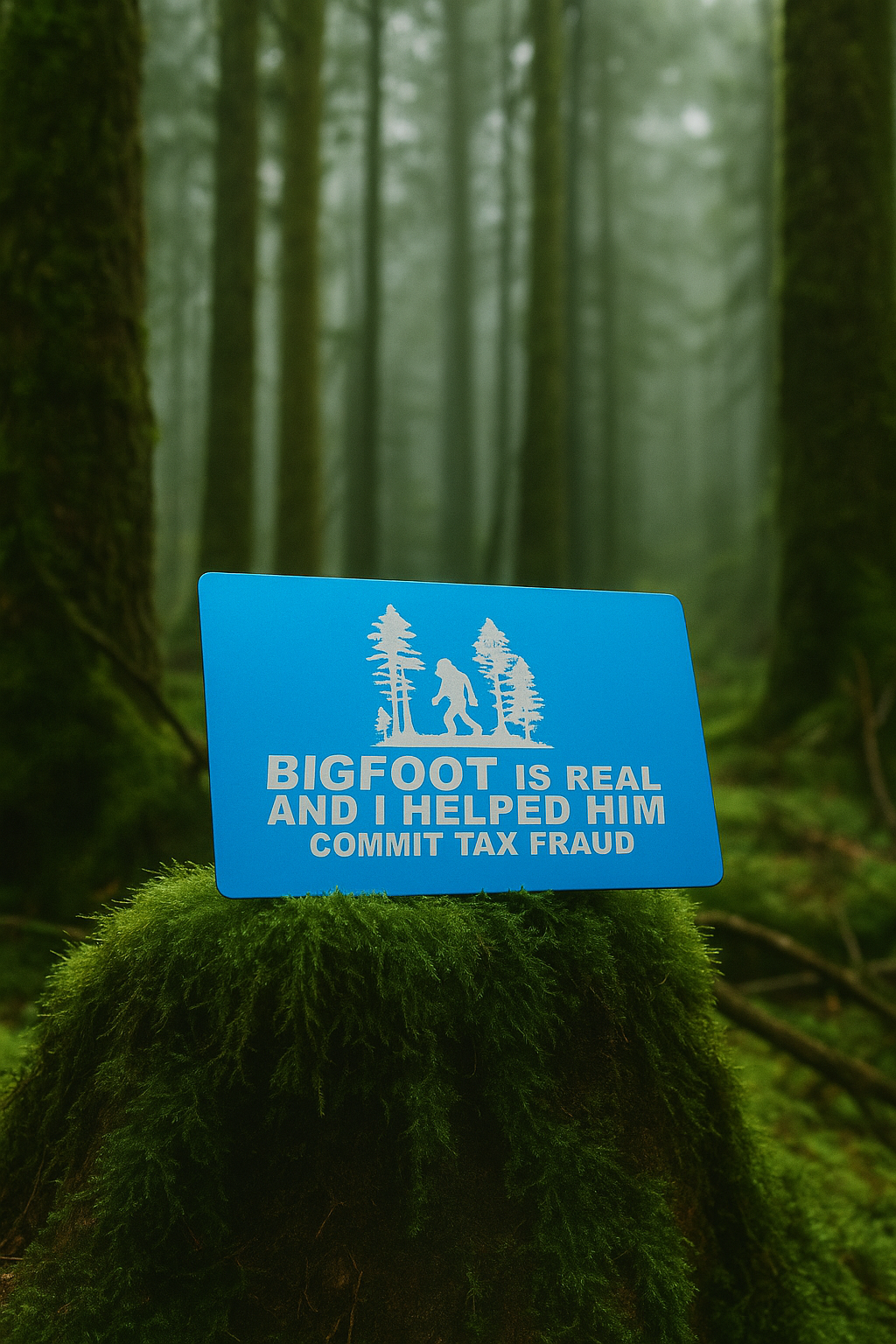Blue/silver metal card with Bigfoot Is Real graphic and text in a forest setting