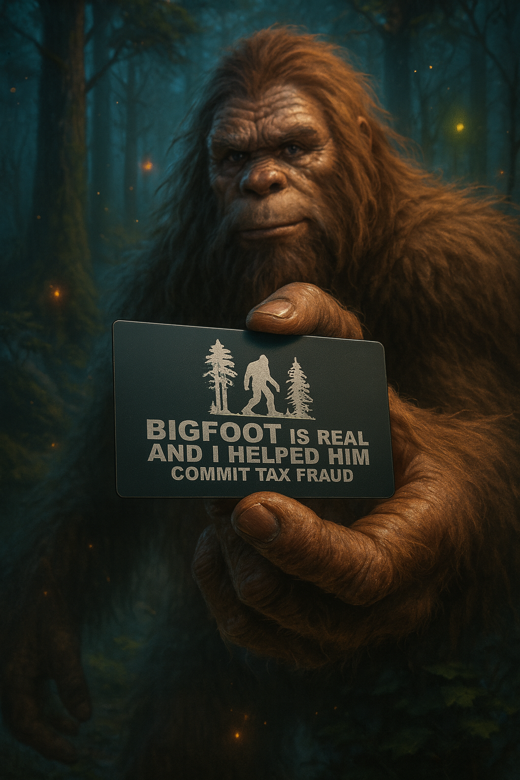 Bigfoot holding a metal "bigfoot is real" sign in a mystical forest setting