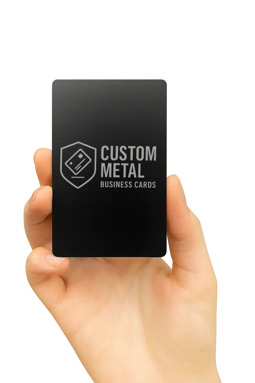 Hand holding a black card with 'Custom Metal Business Cards' text and logo on a white background