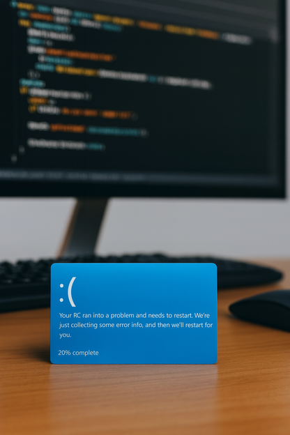 Metal laser engraved keepsake card with BSOD error code text engraved in anodized aluminum