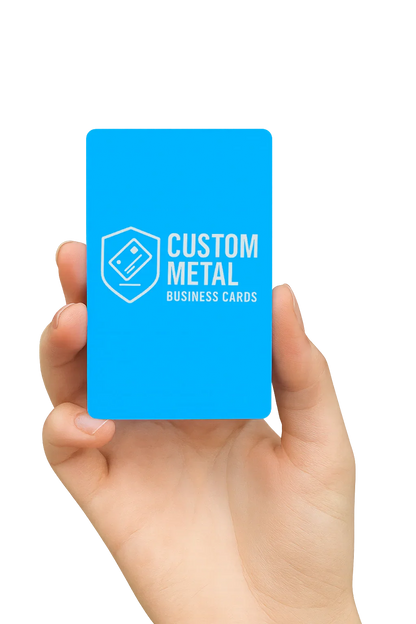 Hand holding a blue card with 'Custom Metal Business Cards' logo on a white background