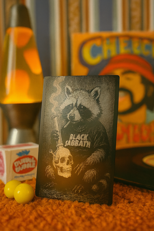 Metal laser engraved keepsake card with Metal stoner rock raccoon with hippie design in front of lava lamp and records
