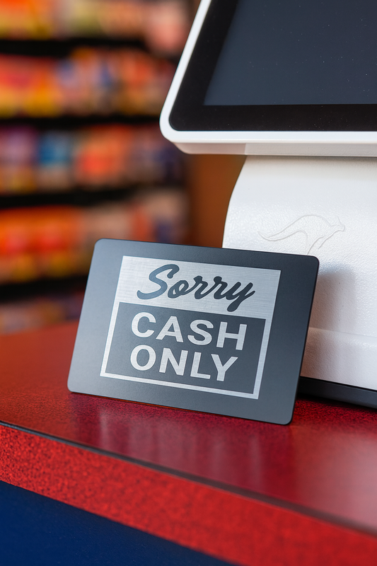 Cash register with 'Sorry, Cash Only' sign in a store setting