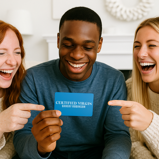 Demonstrating a gift giving moment -- Three people laughing and pointing at a blue metal Certified Virgin customized gift card with the recipient's name engraved