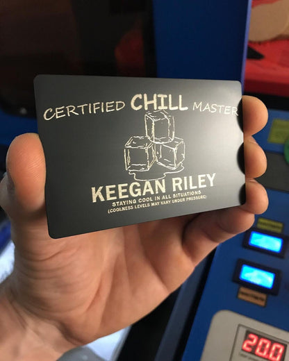metal business card with certified chill master personalized name engraving