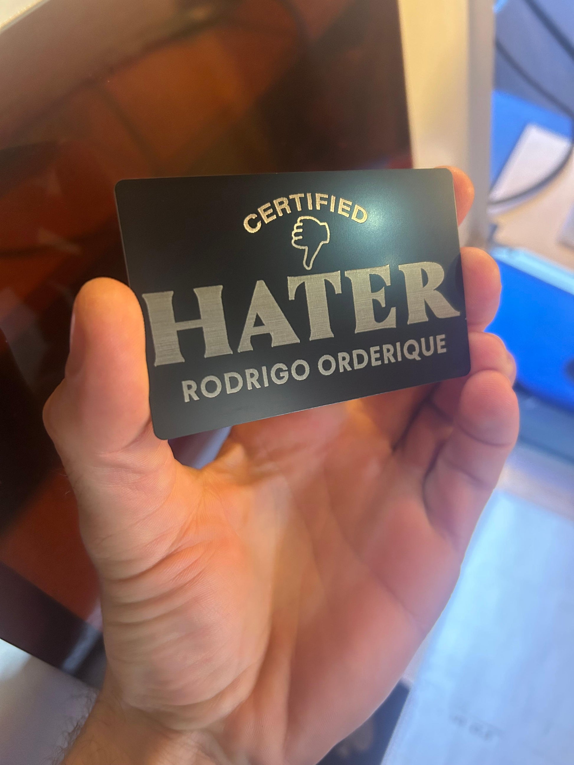 Metal Certified Hater Card, with personalized name engraving