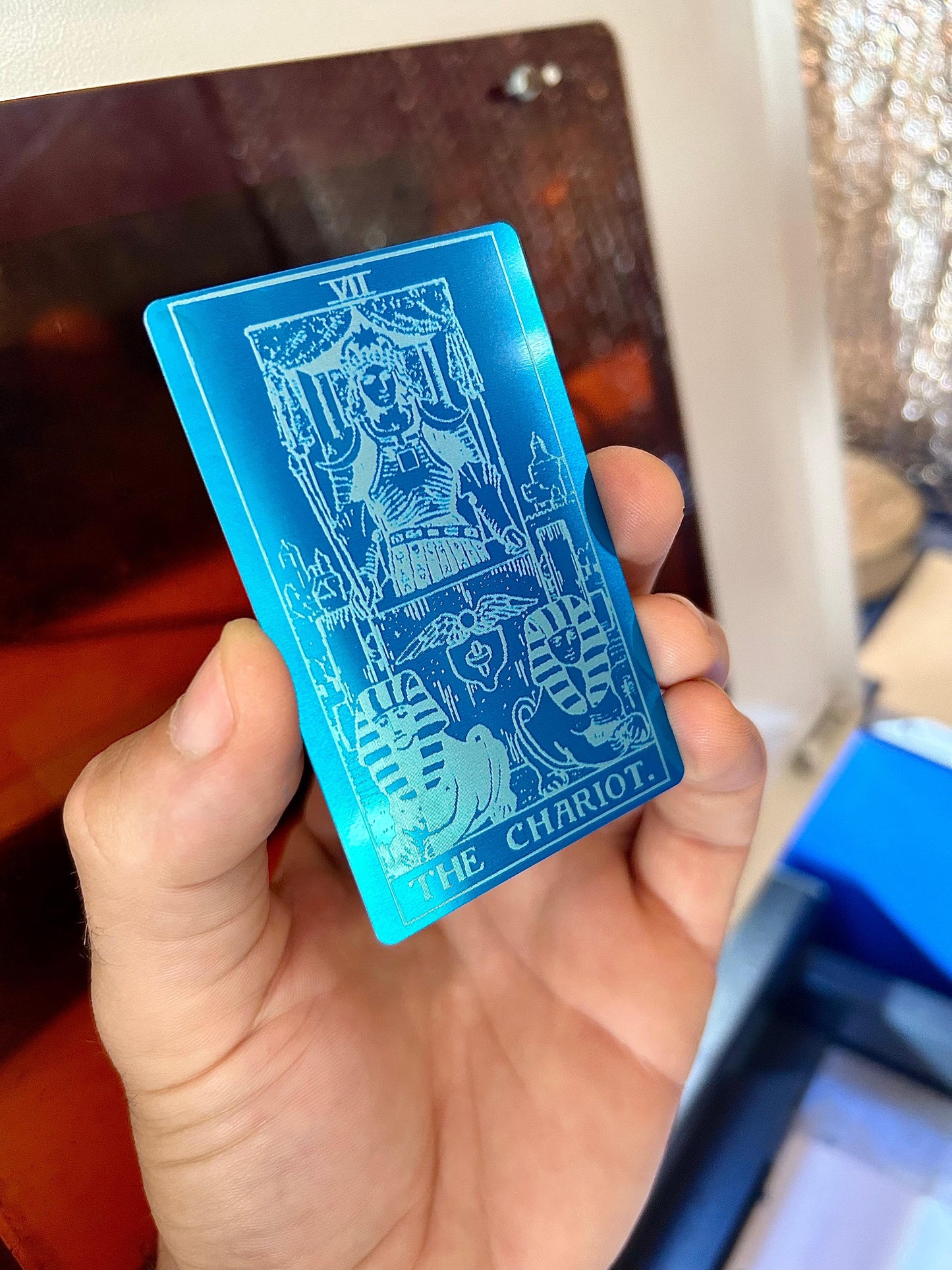 Metal The Chariot Tarot Card laser engraved in blue/silver anodized aluminum