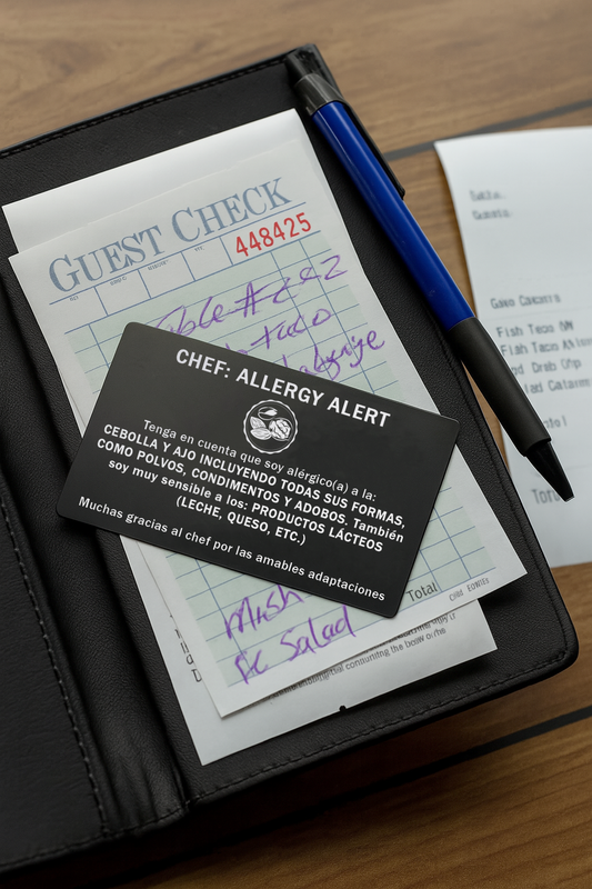 Metal Food Allergy alert card on a guest check with a pen on a wooden surface