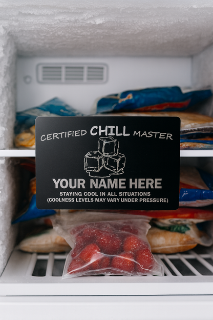 Metal 'Certified Chill Master' card in a freezer