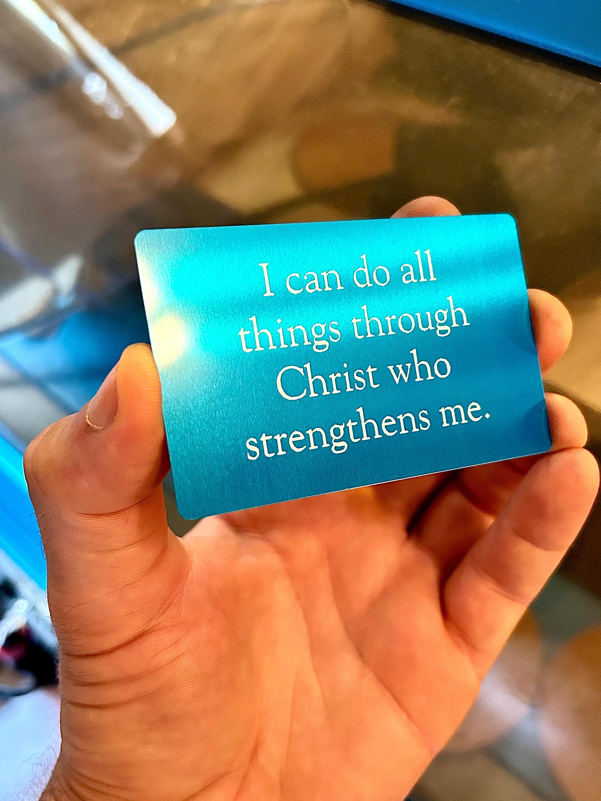 Metal "I can do all things through Christ who strengthens me" laser engraved inspirational keepsake in blue/silver