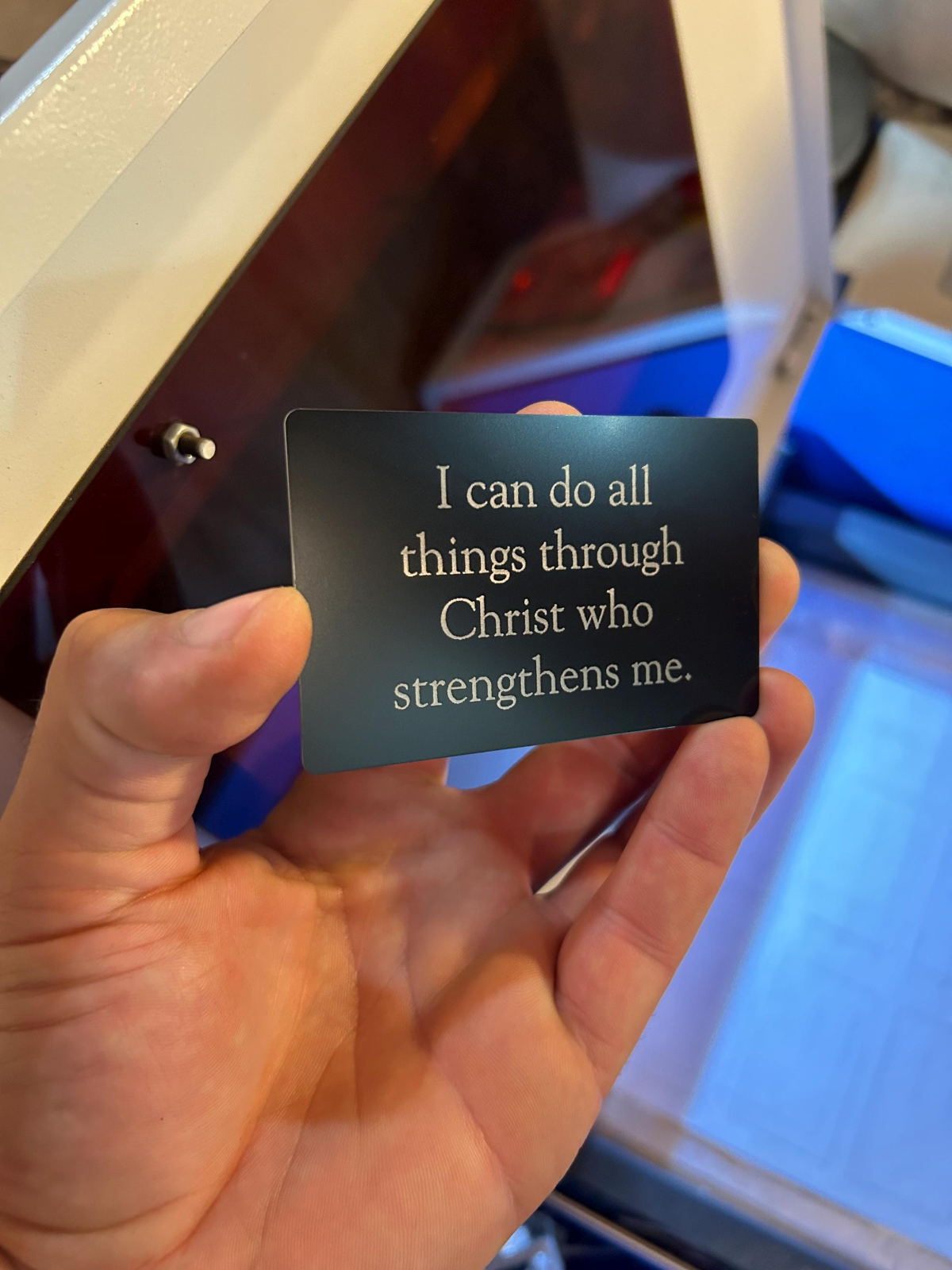 Metal bible card with "I Can Do ALL Things Through Jesus Christ" quote