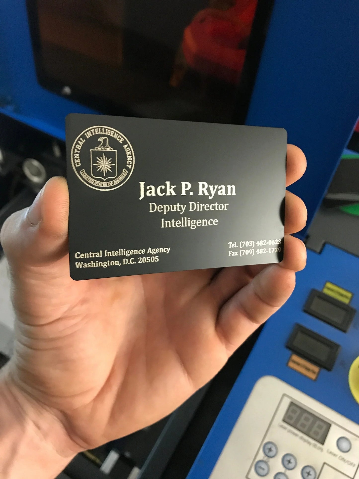 Metal CIA Deputy Director of Intelligence card laser engraved with personalized details in Black/Silver