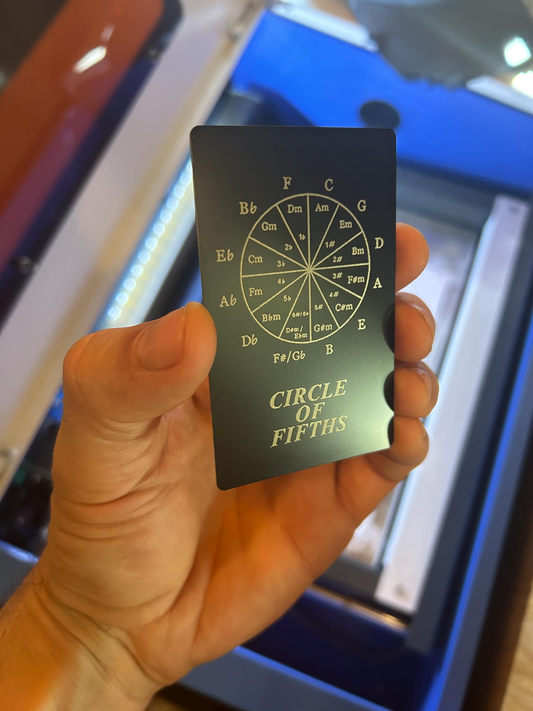 Laser engraved metal keepsake card with Circle of Fifths design