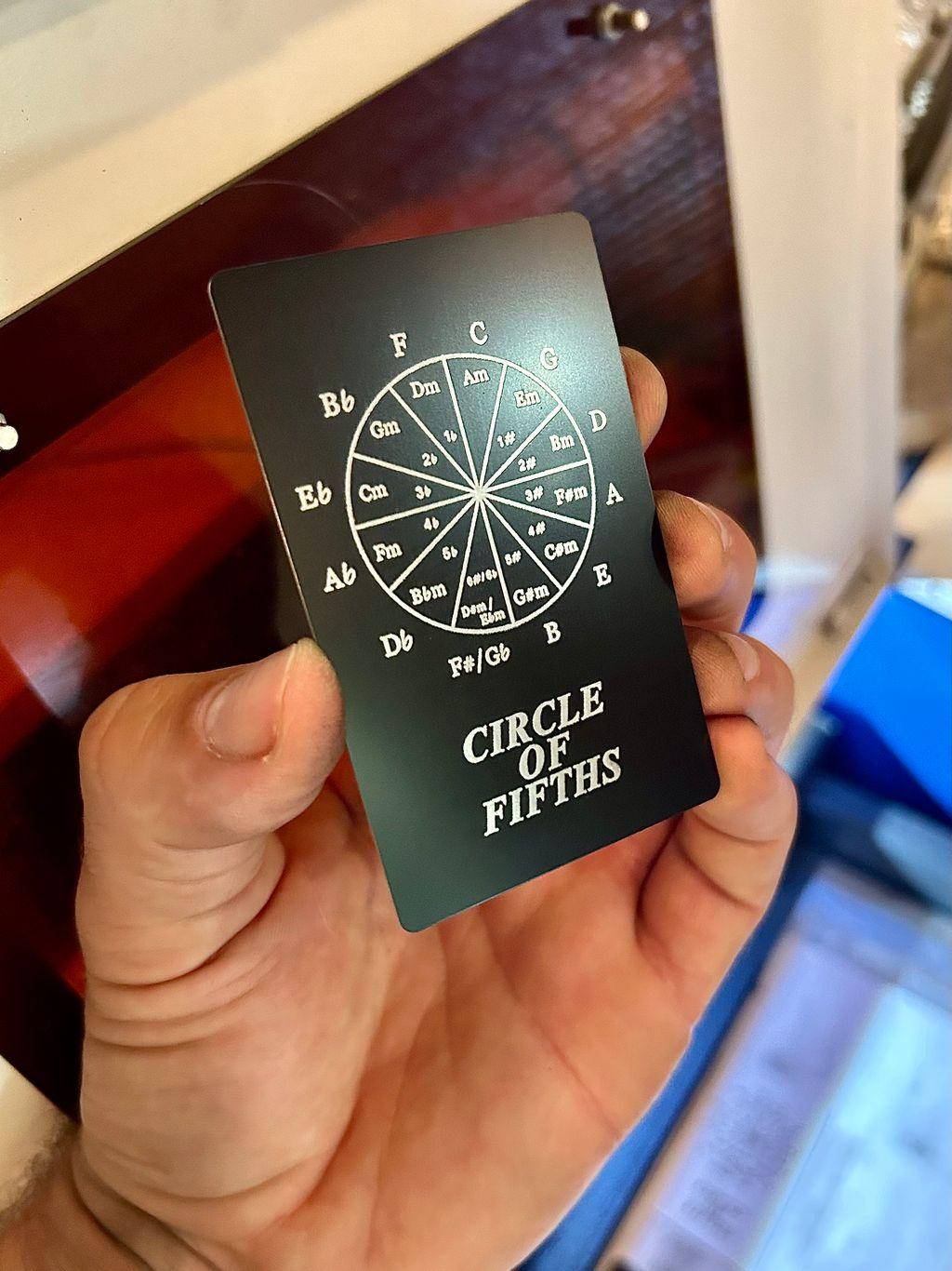 Laser engraved metal Circle of Fifths reference flash card in black/silver anodized aluminum