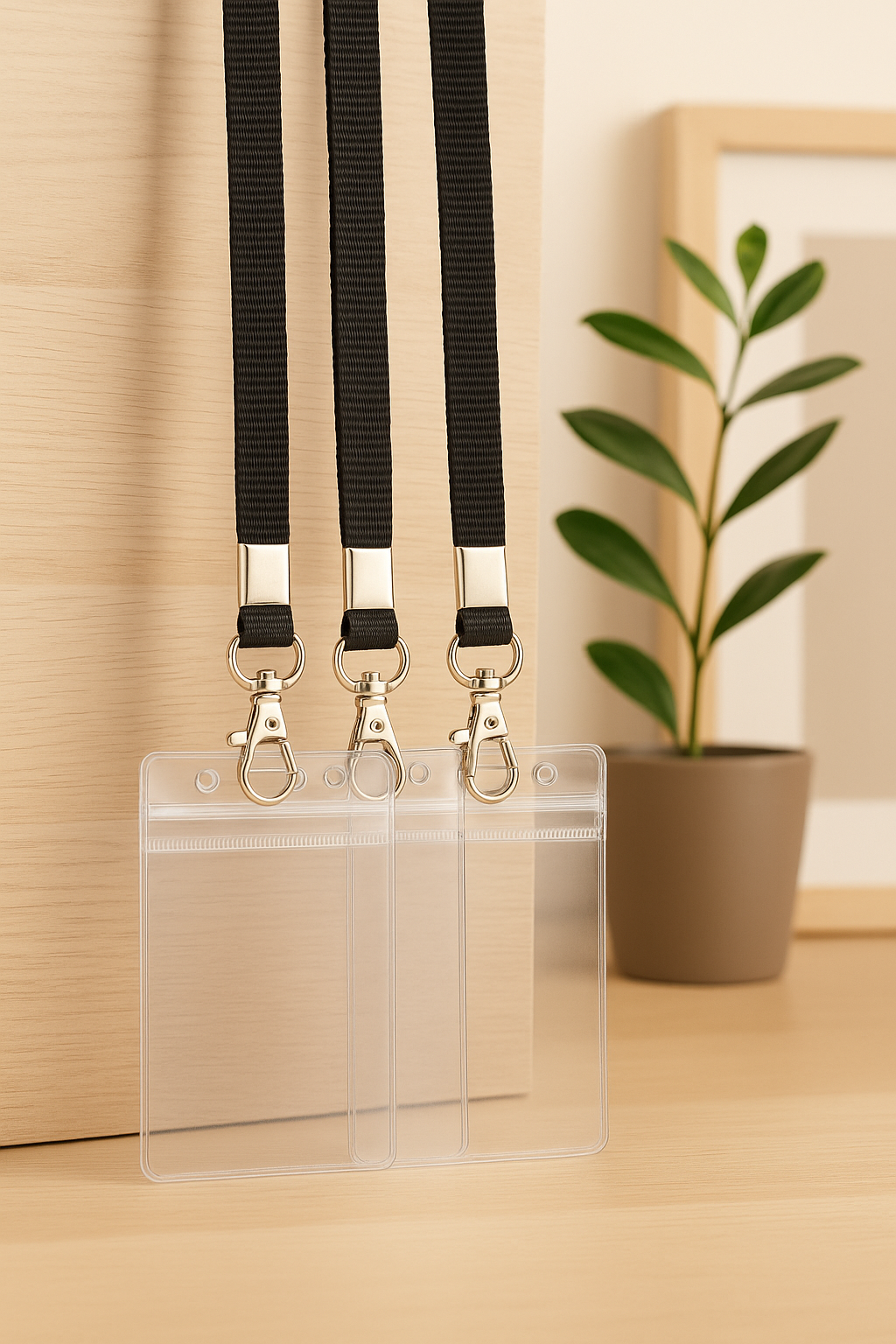 3 clear badge holders with black lanyards on a neutral background
