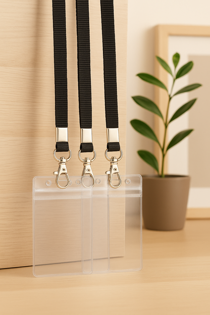 3 clear badge holders with black lanyards on a neutral background