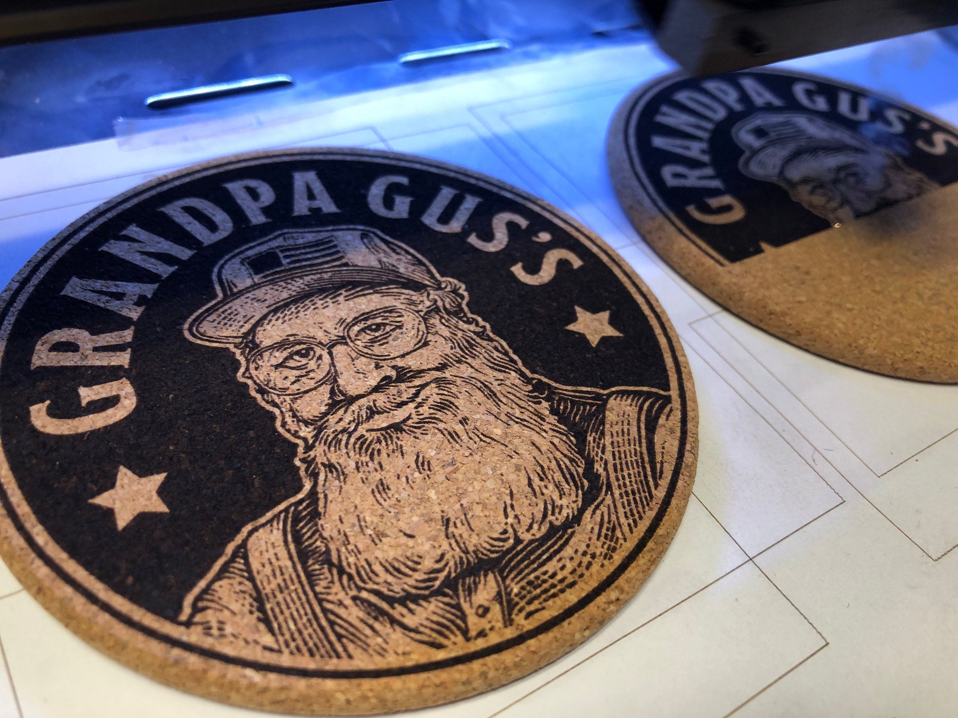Laser engraving process for cork coaster with event branding