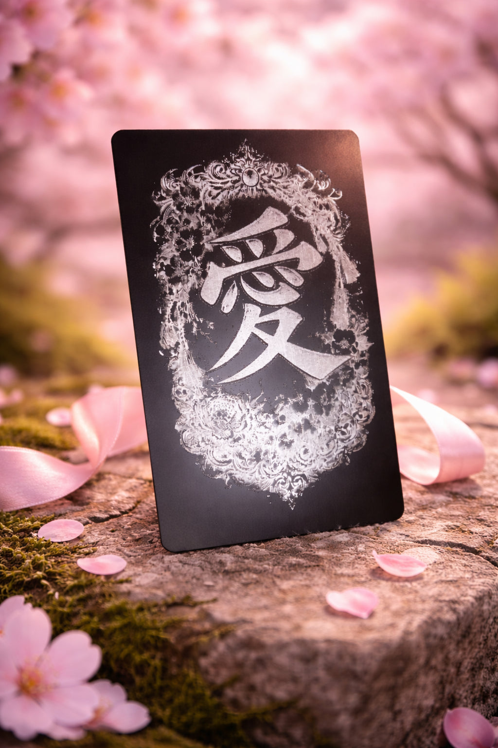 Black card with laser engraved Japanese Love kanji characters on a stone surface with cherry blossoms.