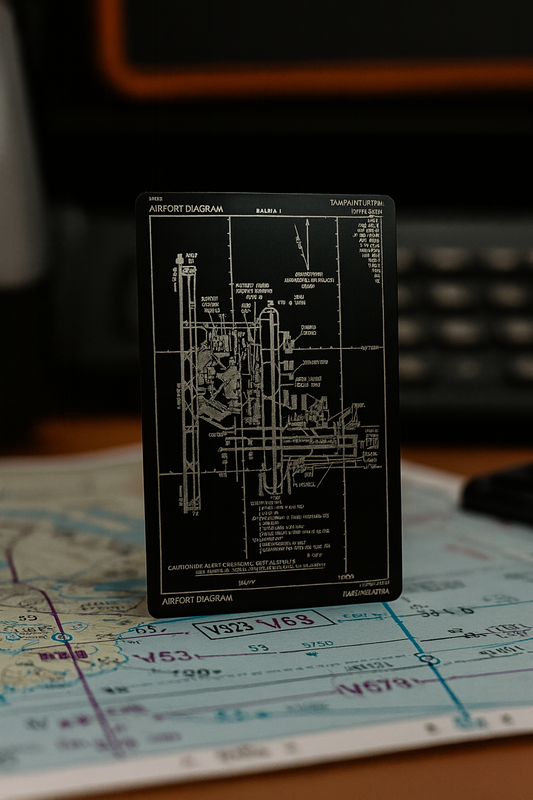 Metal personalized airport diagram on a card over a map