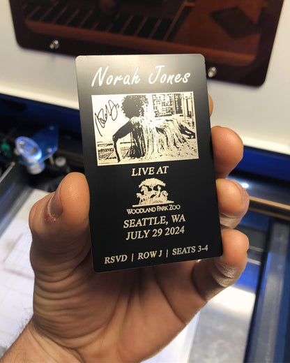 metal concert ticket, with custom design, text, logo engraving