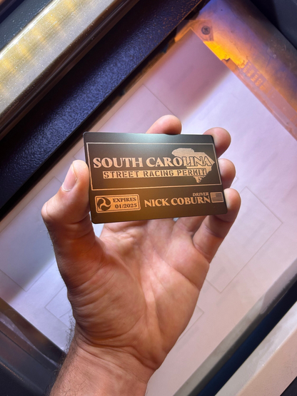 Novelty custom laser engraved South Carolina street racing permit
