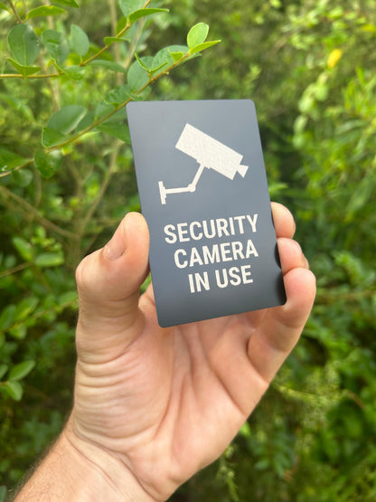 Security Camera in Use Metal Sign – Laser Engraved Surveillance Warning Plaque (Indoor/Outdoor)