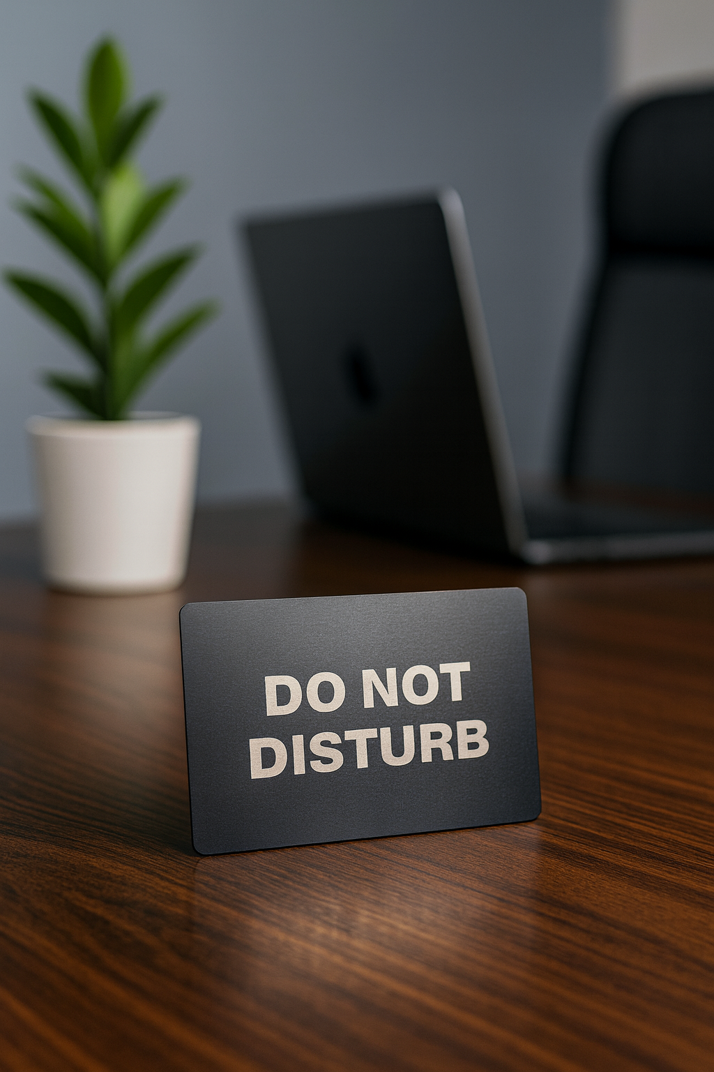 Mini black metal sign with 'DO NOT DISTURB' text on a wooden desk with a laptop and plant in the background.