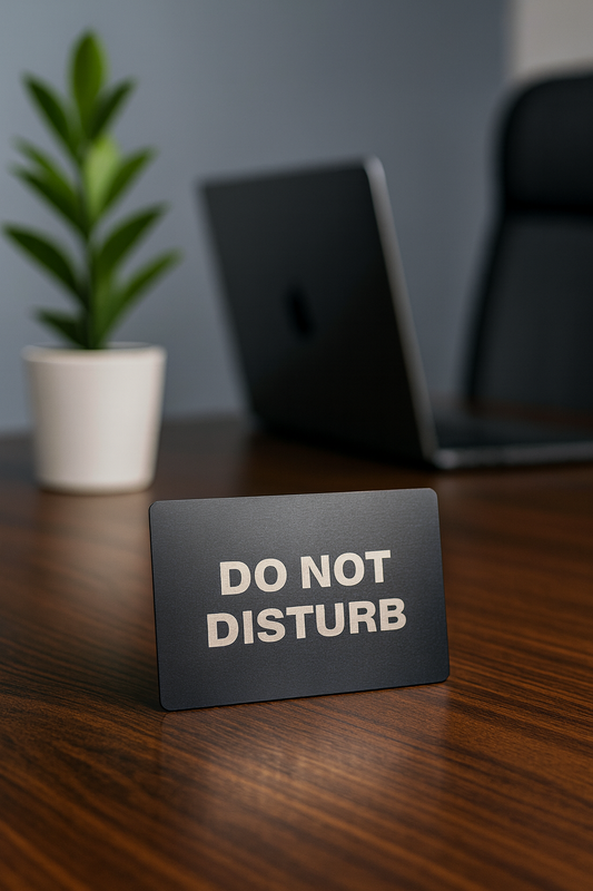 Mini black metal sign with 'DO NOT DISTURB' text on a wooden desk with a laptop and plant in the background.