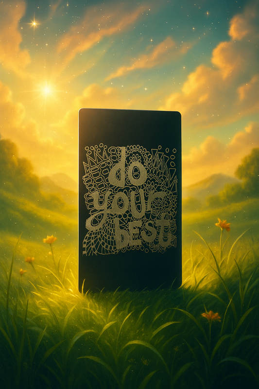 Laser engraved metal keepsake plaque that says "Do Your Best" with psychedelic pattern in a surreal setting