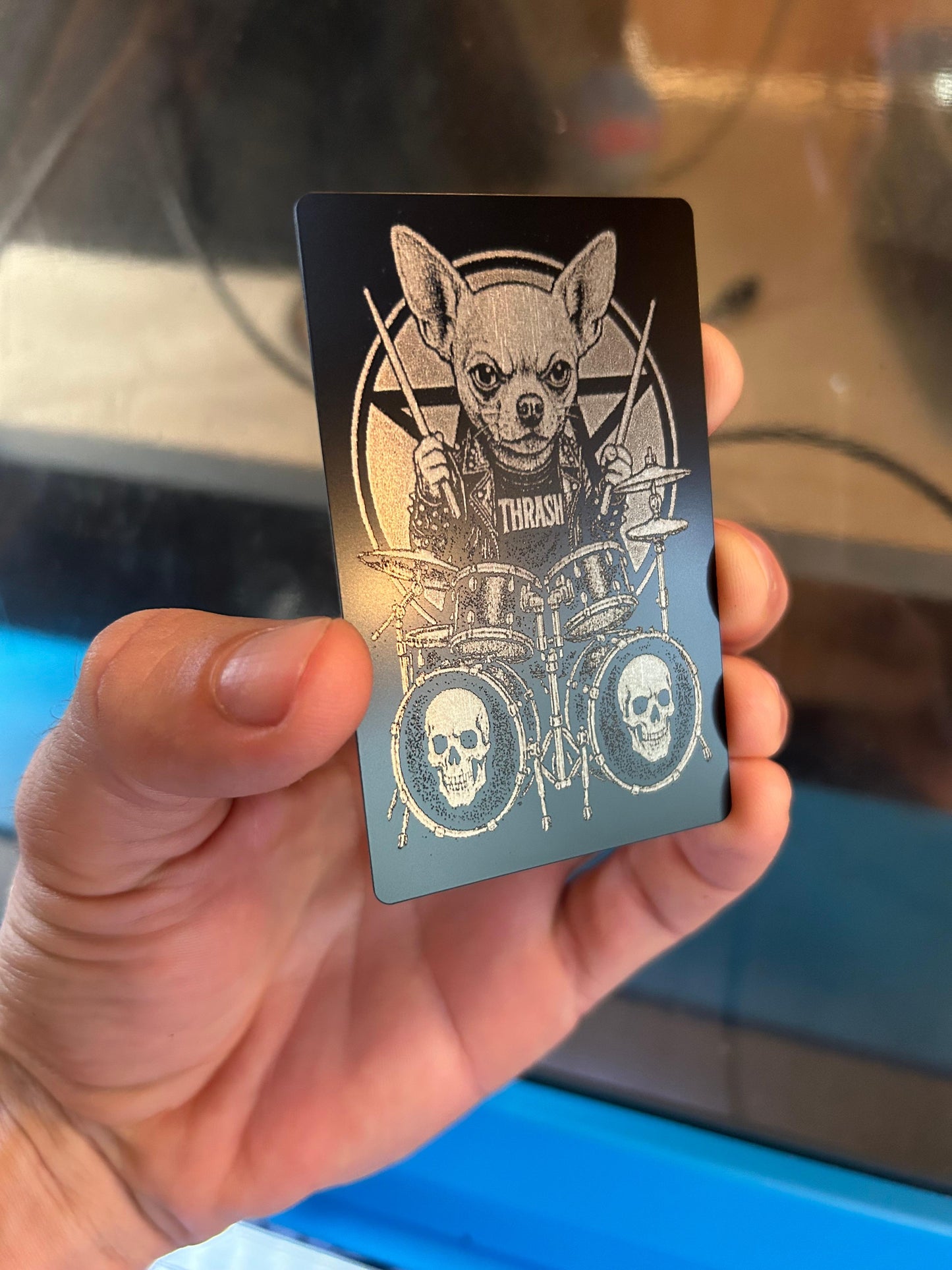 Metal laser engraved "Metal Head Chihuahua" keepsake card