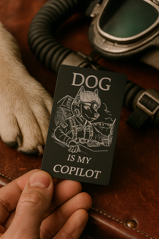 Card with 'Dog is my copilot' text held by a hand, with a dog paw and leather bag in the background.