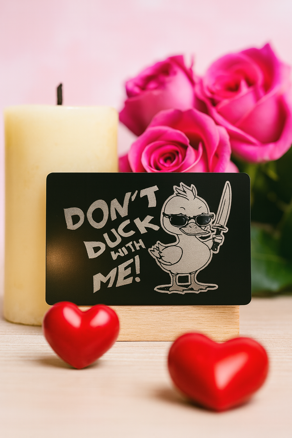 Metal friendsgiving card with 'Don't Duck with Me!' text and duck illustration next to candles and roses on a pink background