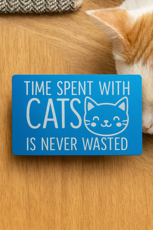 Human hand showcasing engraved pet gift metal card in blue/silver anodized finish with kitten graphic and cat-themed quote
