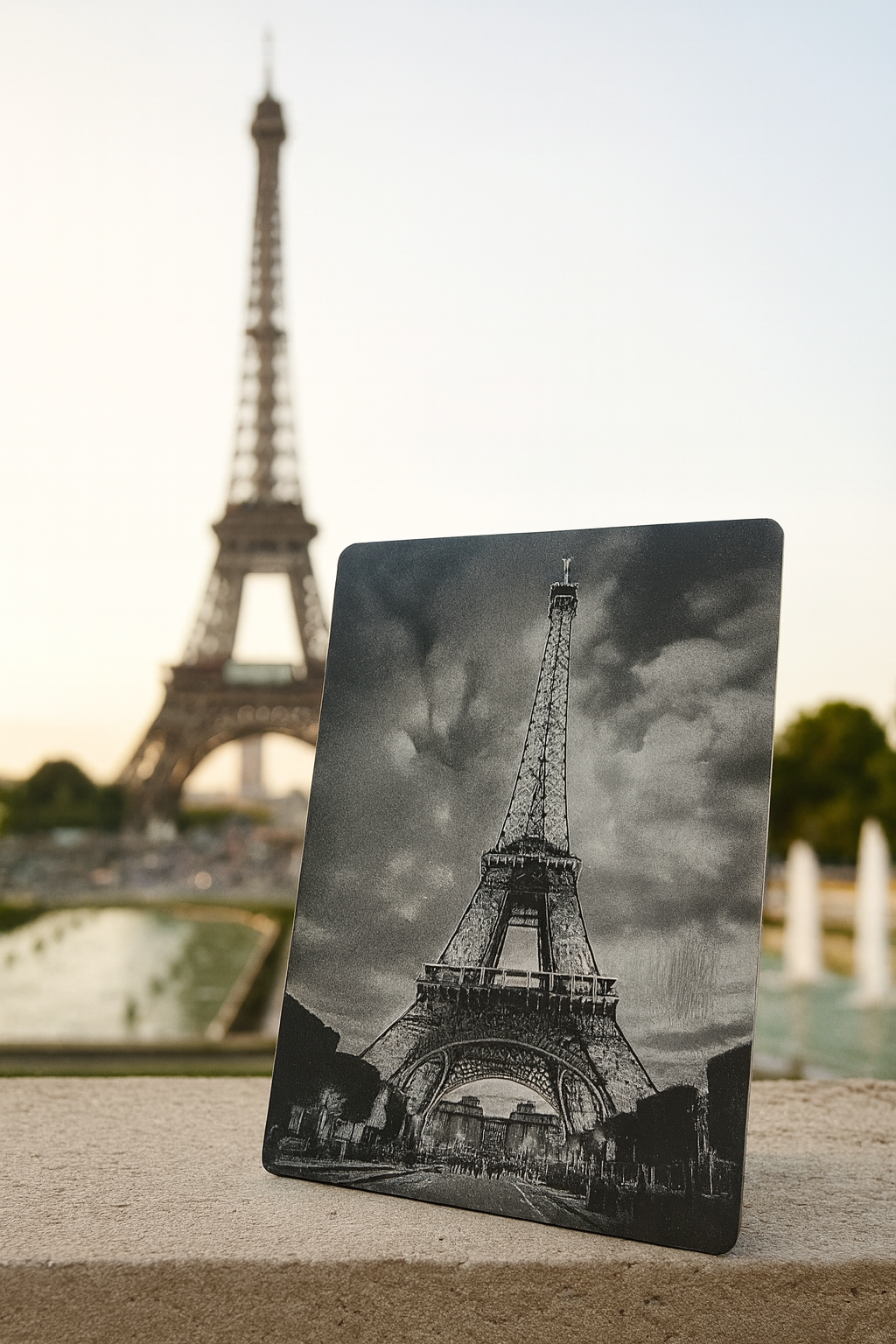 Notebook with Eiffel Tower design in front of the actual Eiffel Tower