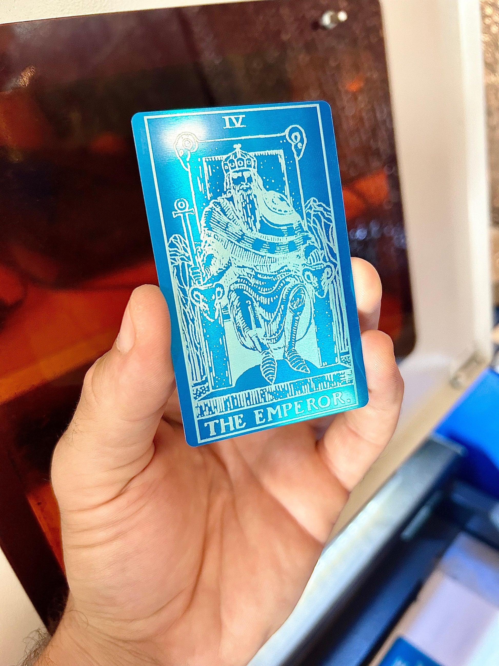 Laser engraved metal The Emperor tarot card in blue/silver anodized aluminum