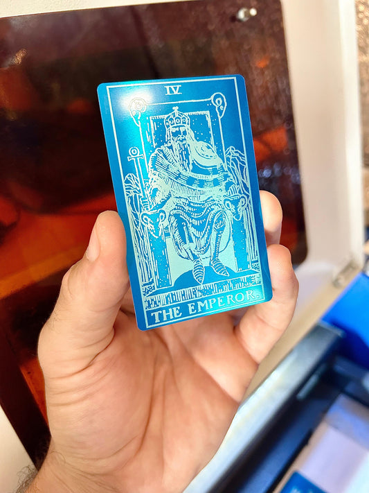 Laser engraved metal The Emperor tarot card in blue/silver anodized aluminum