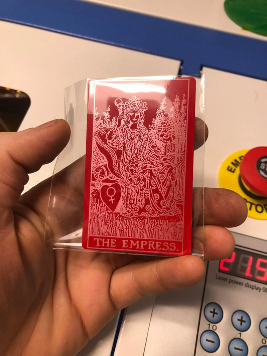 Red/silver metal The Empress tarot card laser engraving