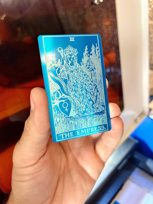 Metal The Empress tarot card in blue/silver anodized aluminum