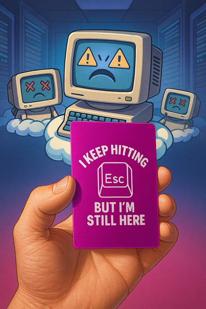 Hand holding a purple metal workplace humor gift card with I Keep Hitting ESC, but I'm Still Here! text in front of vintage computer scene