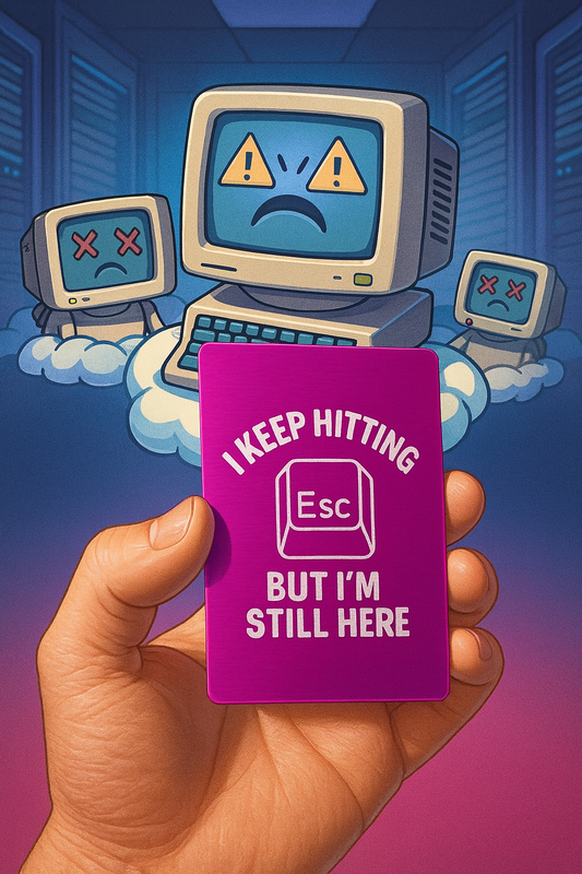 Hand holding a purple metal workplace humor gift card with I Keep Hitting ESC, but I'm Still Here! text in front of vintage computer scene