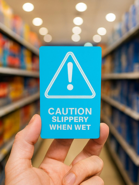 Hand holding a blue laser engraving metal wet floor sign with a warning symbol and text in a supermarket setting