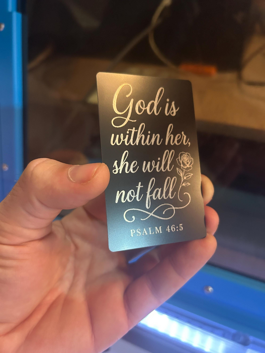 Laser engraved metal keepsake with God Is Within Her, She will not fall, inspirational motivational gift card