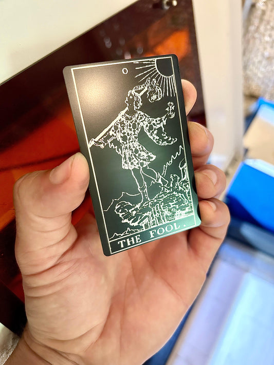 The Fool tarot laser engraved in black silver metal keepsake card