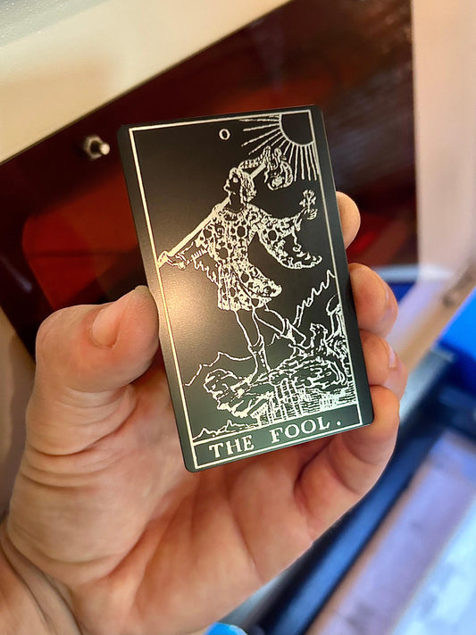 Metal The Fool Tarot Card in black/silver anodized aluminum