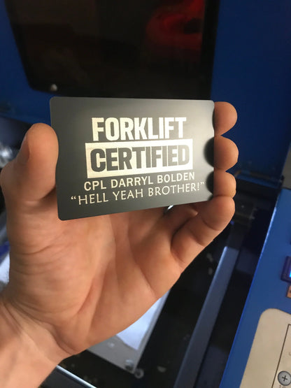 Metal Forklift Certified card in black/silver with personalized name engraving