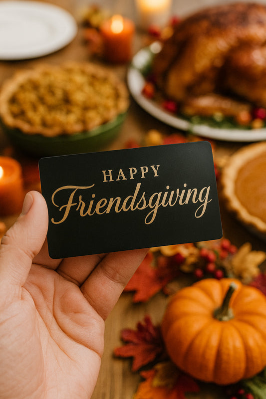 Happy friendsgiving laser engraved metal gift card scene